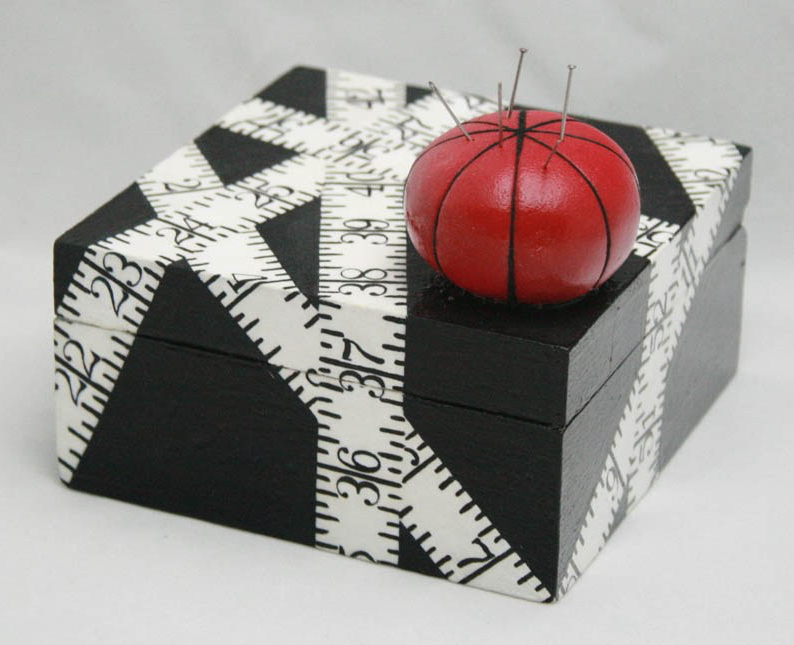 Sewing Box with hand-painted measuring tape and clay push pin holder with real needles