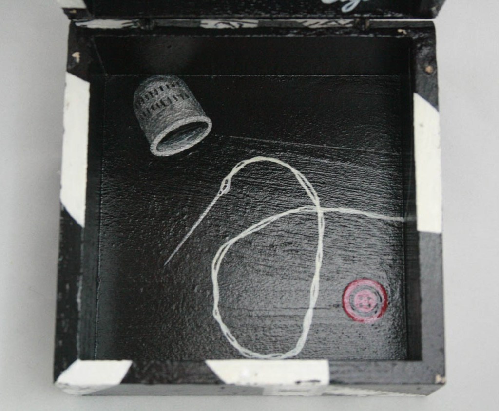 Sewing Box with painted thimble, bottom, needle and thread