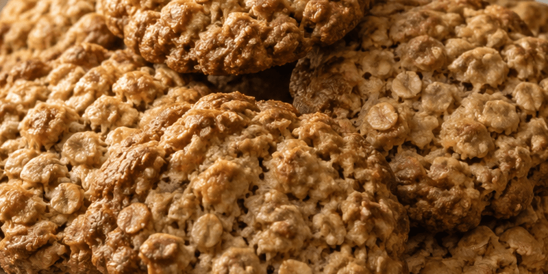 Homemade oatmeal cookies on a plate with oats and rustic kitchen setting