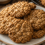 Homemade oatmeal cookies on a plate with oats and rustic kitchen setting