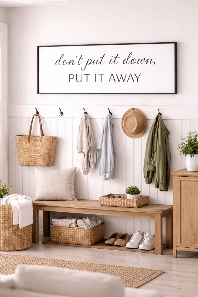 Minimalist canvas sign with the quote ‘Don’t put it down, put it away’ in black text, displayed in a neutral home setting
