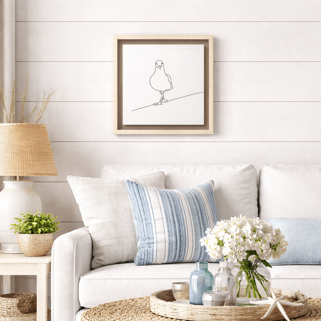 Minimalist line drawing of a seagull with a playful expression, standing with legs crossed on a neutral canvas background