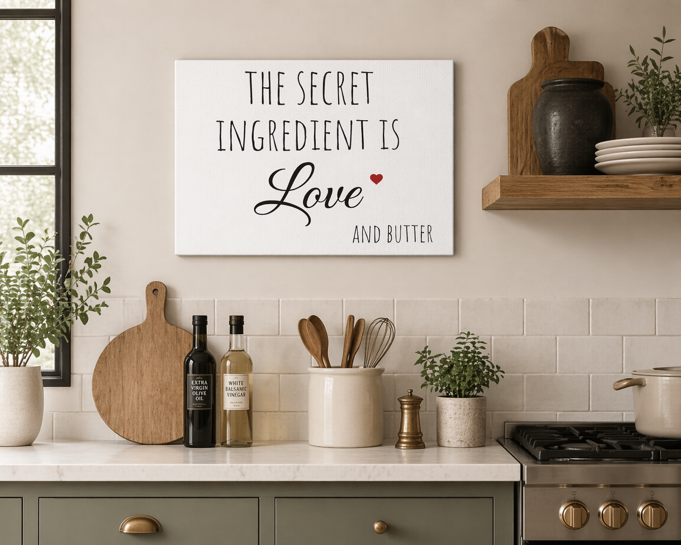Minimalist kitchen canvas sign with the quote ‘The secret ingredient is love and butter’ in black text, styled in a neutral home setting