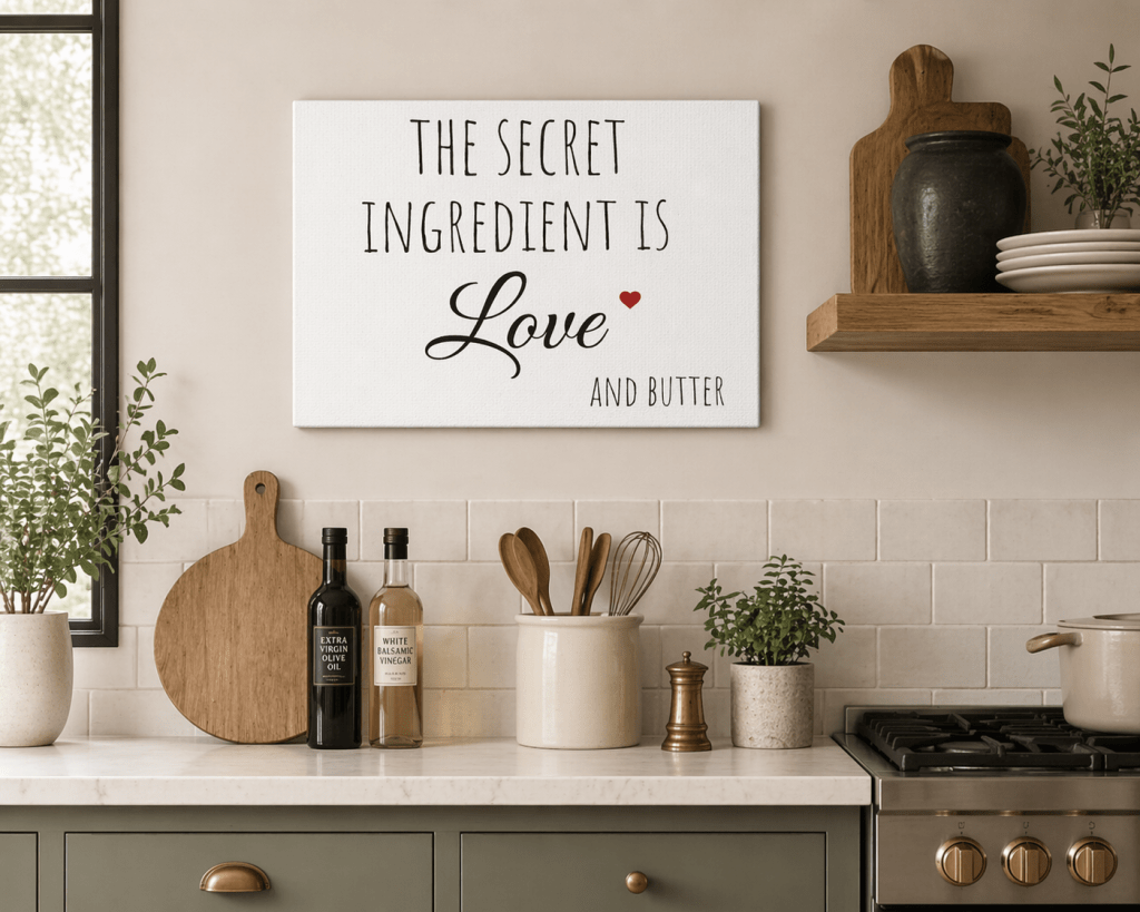 Minimalist kitchen canvas sign with the quote ‘The secret ingredient is love and butter’ in black text, styled in a neutral home setting