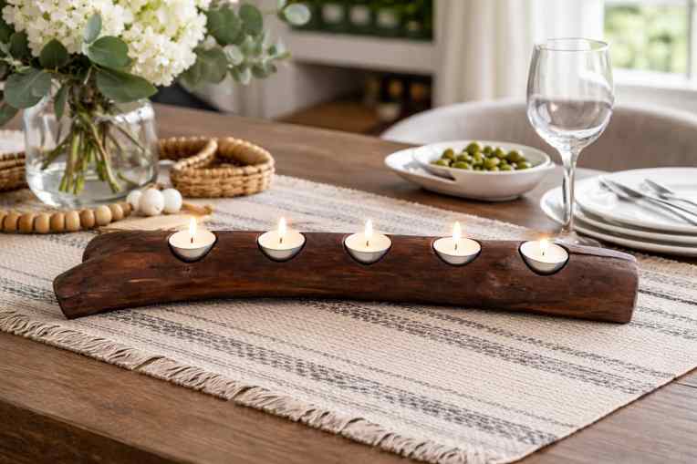 Handmade wooden branch candle holder with tea lights on rustic dining table centerpiece