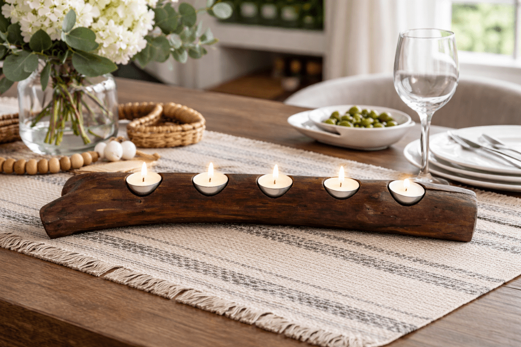Handmade candle holder crafted from a natural tree branch, styled on a table in a warm home setting