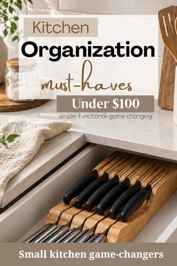 In-drawer knife organizer storing kitchen knives neatly in a space-saving kitchen drawer