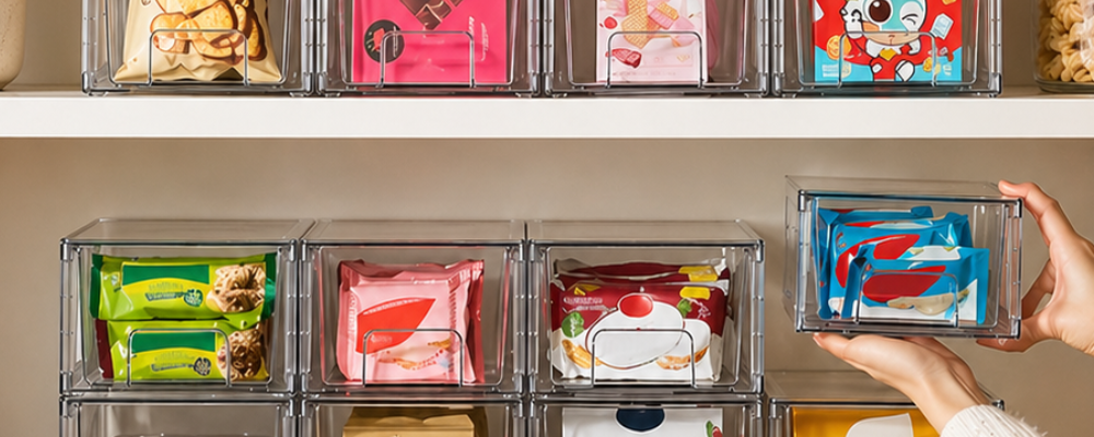 Stackable clear plastic drawer organizers used for pantry snack storage inside a cabinet
