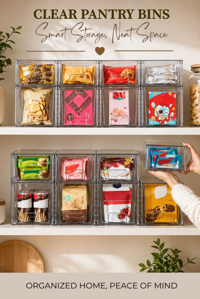 Stackable clear plastic drawer organizers used for pantry snack storage inside a cabinet