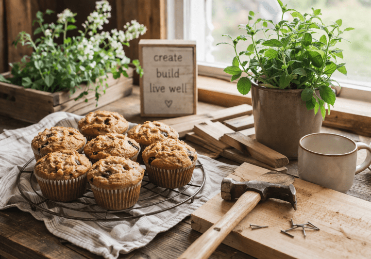 Homemade muffins, simple DIY tools, and fresh herbs styled in a cozy natural home setting