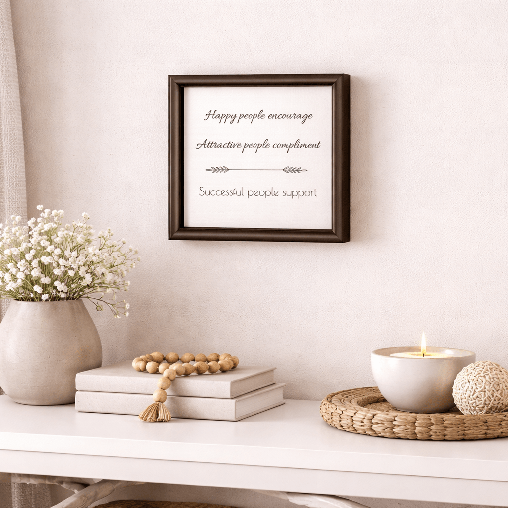 Motivational canvas sign with inspirational quote in black text, framed in light wood and displayed in a neutral home office setting
