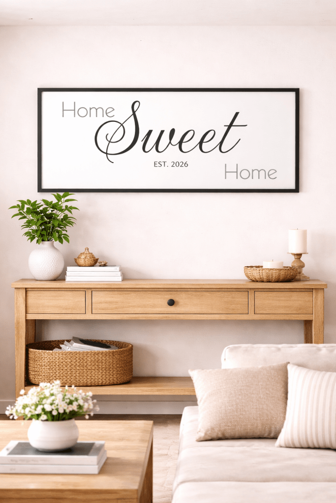 Personalized horizontal canvas sign with the phrase ‘Home Sweet Home’ in minimalist black text, displayed in a neutral home setting