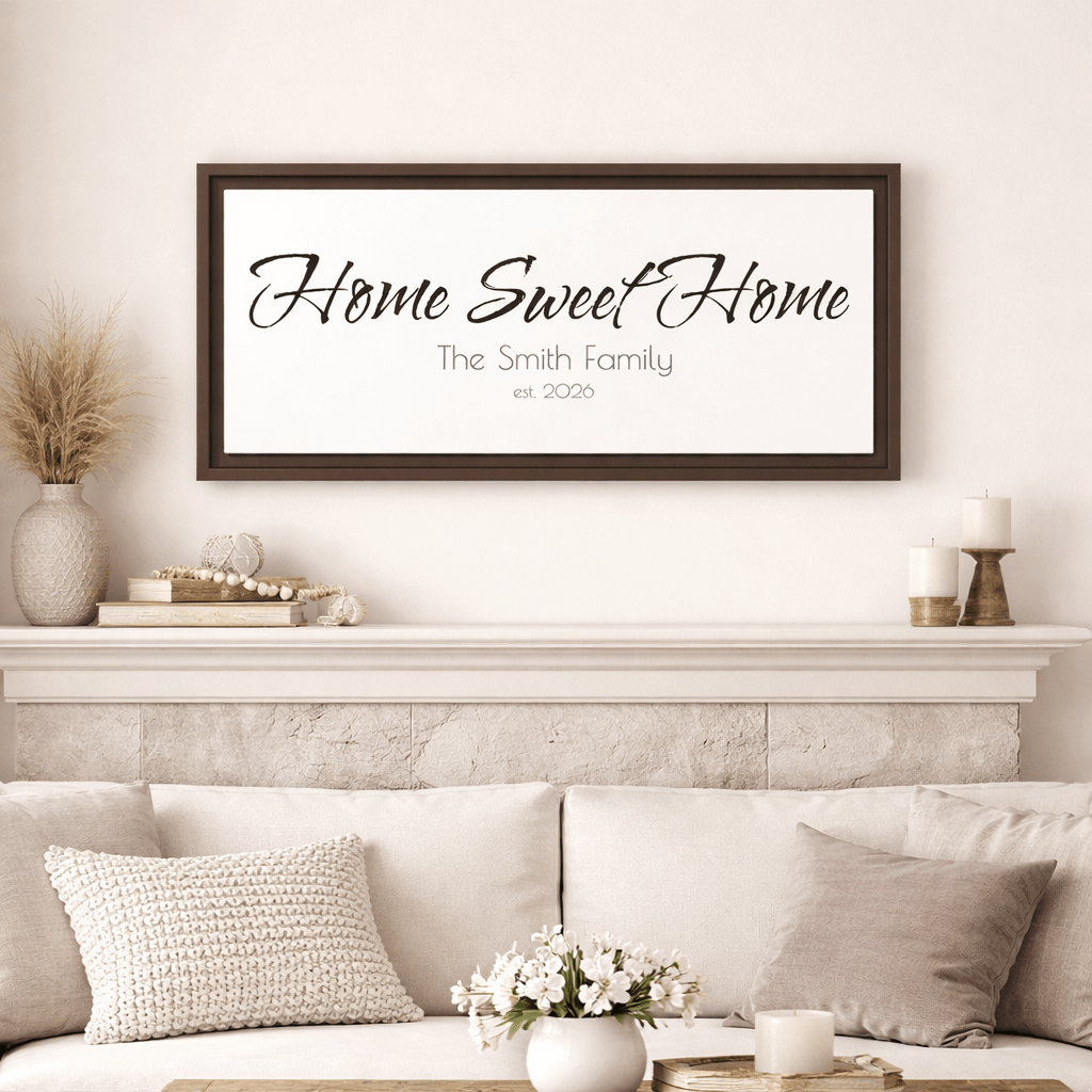 Personalized ‘Home Sweet Home’ canvas sign in brush stroke script font, styled in a warm neutral home setting