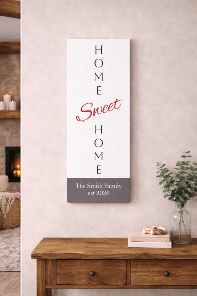 Personalized vertical ‘Home Sweet Home’ canvas sign with the word ‘sweet’ in red, styled in a modern neutral home setting