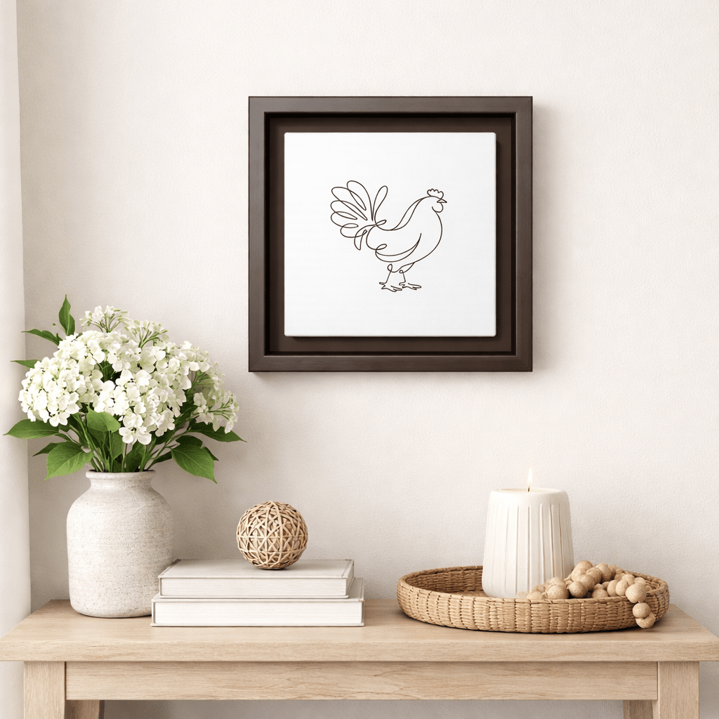 Minimalist line drawing of a rooster on canvas, black outline artwork on a neutral background