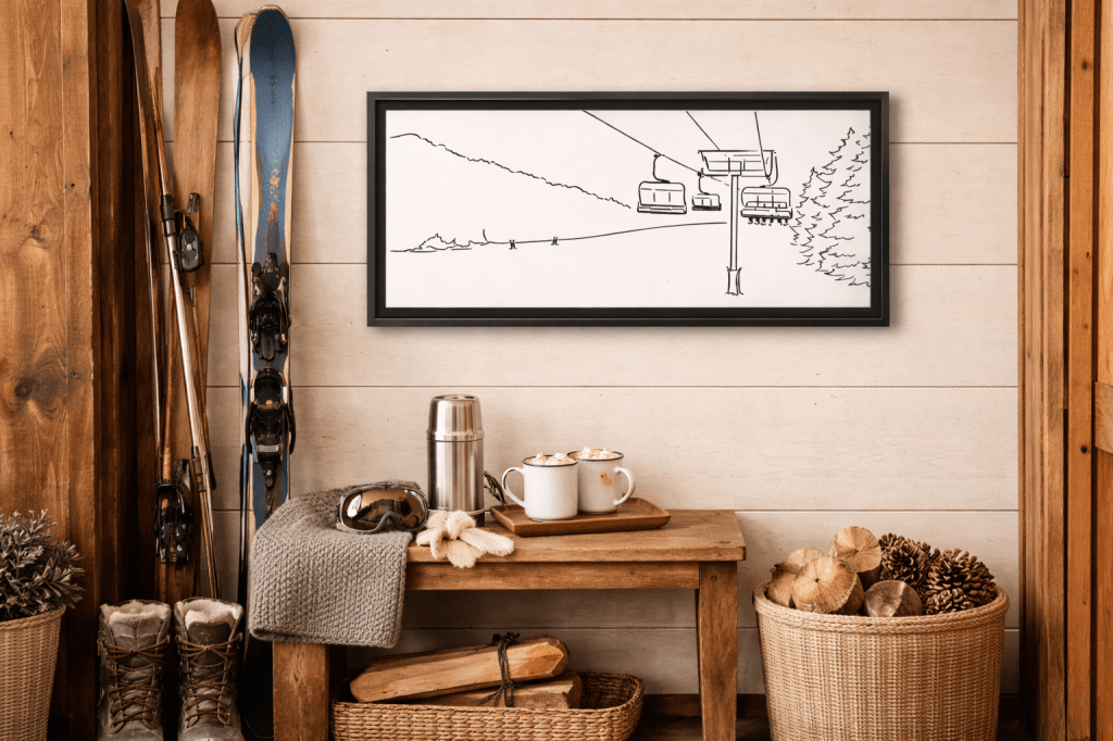 Minimalist line drawing of a ski lift on a snowy mountain, created from an original photo taken at Mount Peter