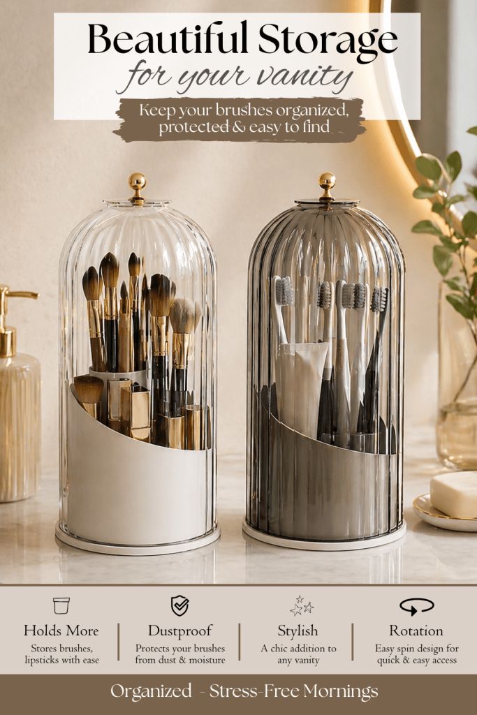 Toothbrush or makeup brush organizer with dustproof cover on a minimalist vanity, holding brushes and cosmetics for clean and organized storage