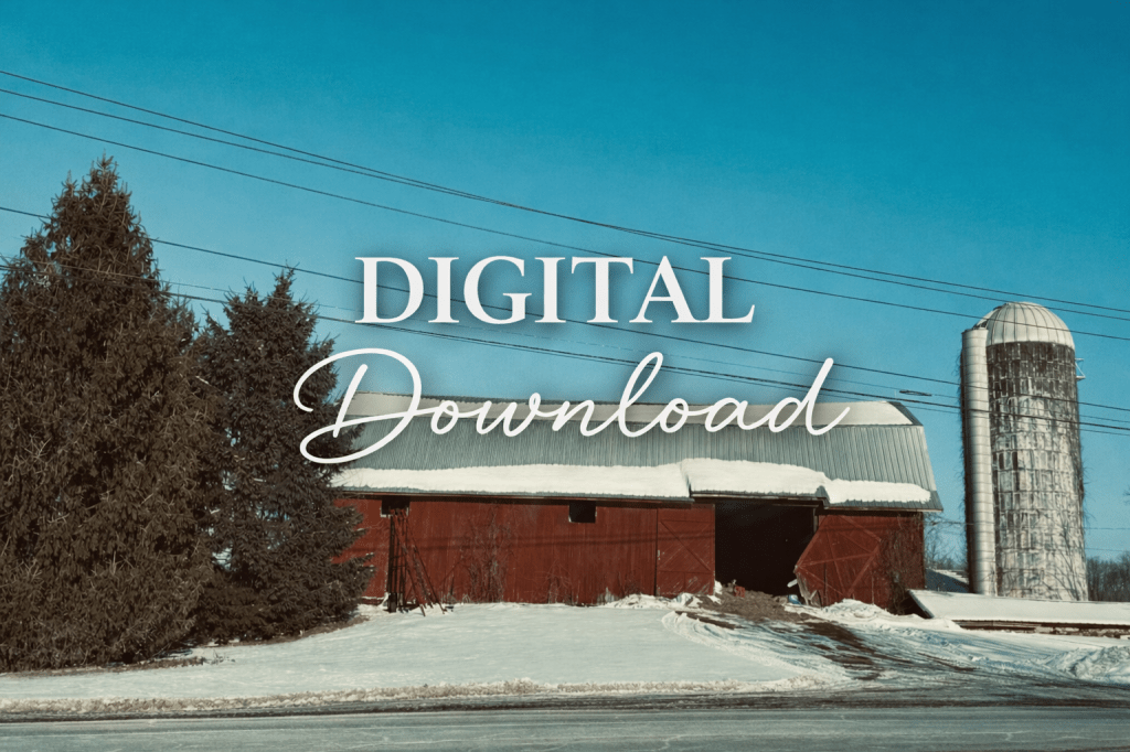 Old barn in a snowy landscape with fresh snow covering the ground and trees in a quiet rural setting