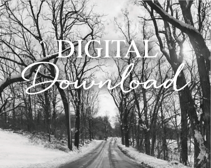 Black and white photograph of a quiet country road stretching through a rural landscape