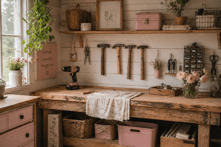 Cozy workshop shed with wood workbench, tools like hammer and drill, and soft feminine touches with plants and natural light